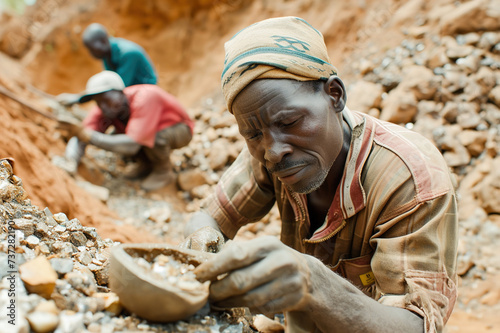 Gemstone mining techniques: Miners in remote locations, equipped with traditional tools, searching for elusive gemstones in rugged terrain.