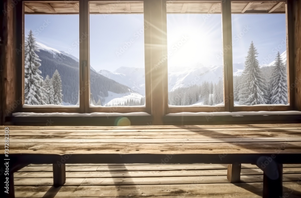 empty wood with open windows showing a view of snowy mountains empty wood with open windows showing a view of snowy mountains