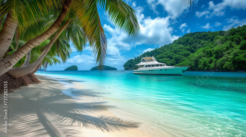 A yacht anchored close to a tropical sandy beach with palm trees and clear blue ocean waters. Ai generative © ImageFlow