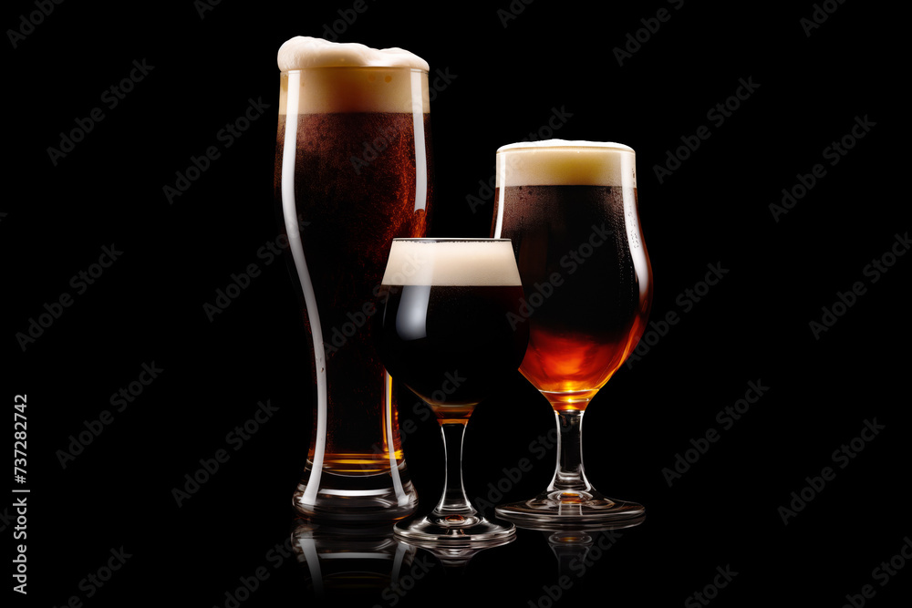 Set of Beer glasses on a black background. Mugs with drink like Ipa, Pale Ale, Pilsner, Porter or Stout Set of Beer glasses on a black background. Mugs with drink like Ipa, Pale Ale, Pilsner, Porter or Stout