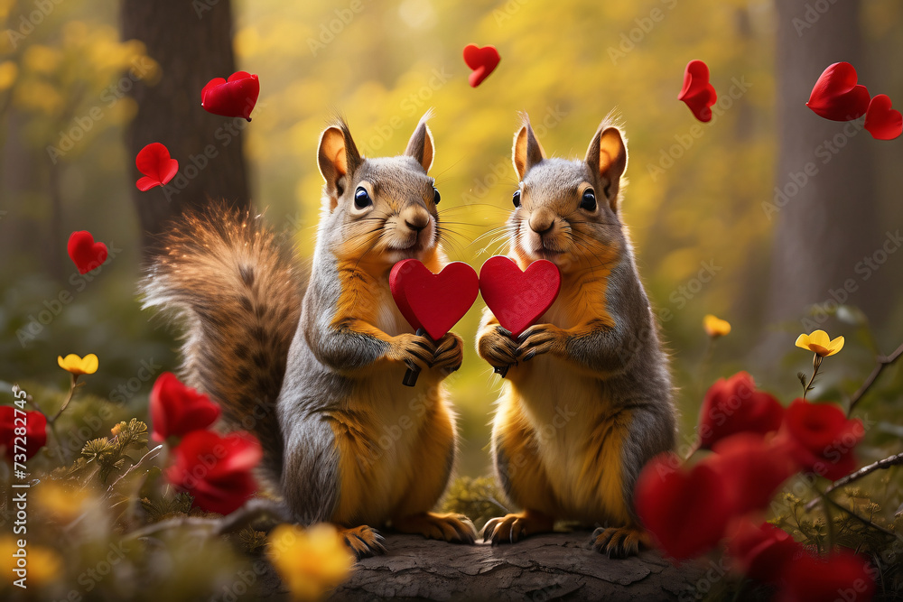 Fototapeta premium squirrel carrying a heart shaped valentine