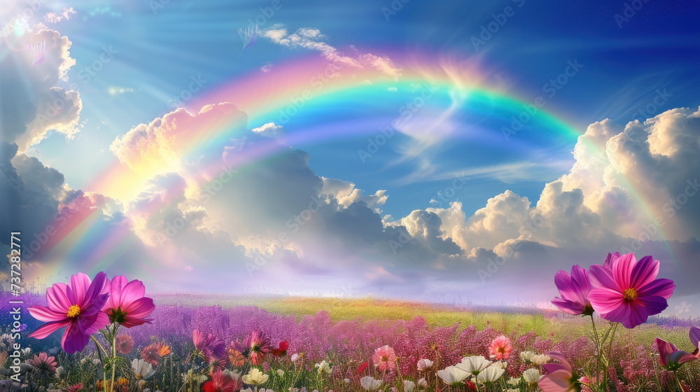 Full Rainbow Arc over Sunlit Flower Meadow at Sunrise Full Rainbow Arc over Sunlit Flower Meadow at Sunrise
