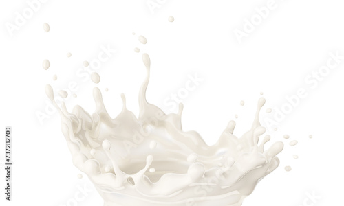 Milk yoghurt splash crown. Dairy product flow pouring with falling drops, yogurt sweet cream drink. Food beverages. Isolated. 3D PNG Illustration.