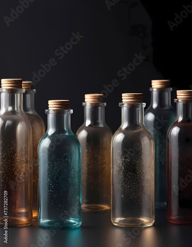 transparent bottles with colored liquid isolated on gray background