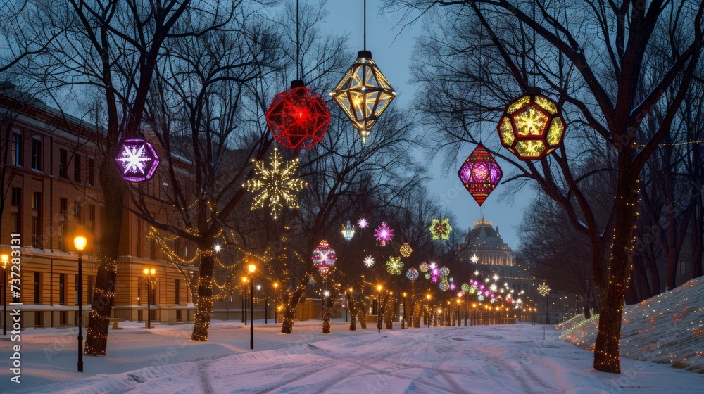 Illuminated winter park with hanging glowing geometric shapes