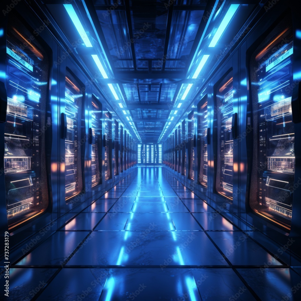 Futuristic server room with blue lights illuminating the aisle between server racks