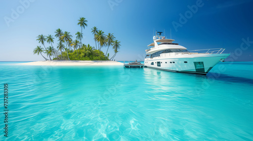 A luxurious yacht anchored near a tropical island with palm trees and white sand in the middle of a clear blue ocean under a bright sky. Ai generative