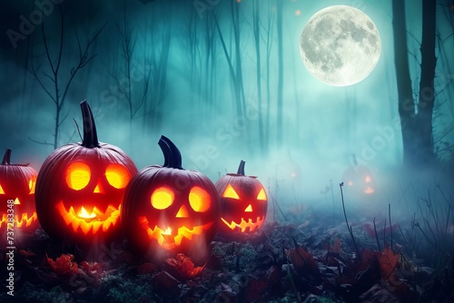 Spooky Halloween pumpkins glowing in a moonlit forest