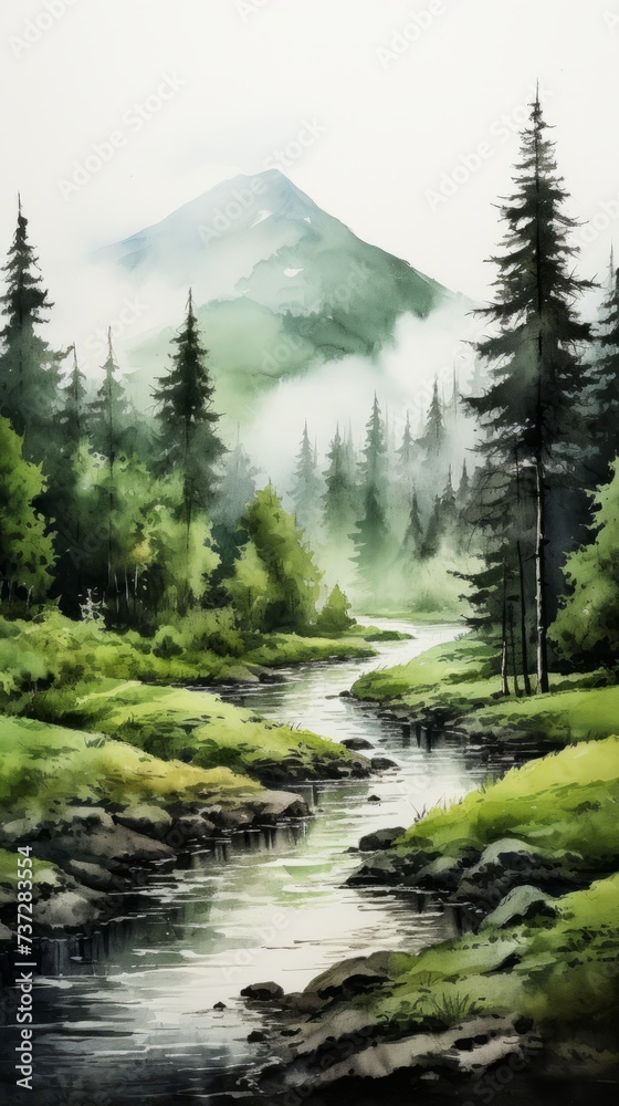 Misty forest landscape with river and mountain in watercolor