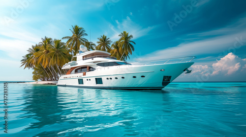 A luxury yacht anchored near a tropical island with palm trees, clear blue ocean water under a blue sky with clouds. Ai generative