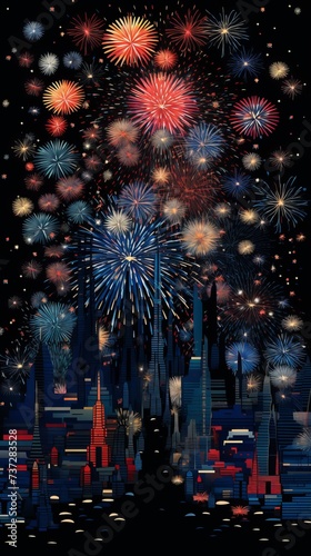 A beautiful illustration of a city skyline with fireworks exploding overhead