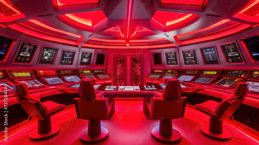 Science fiction spacecraft control room bathed in a red alert glow with ...