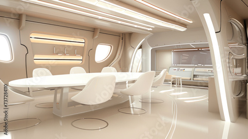 A futuristic conference room with oval table, modern white chairs, and integrated ambient lighting, science fiction spacecraft interior
