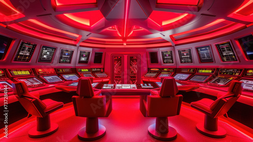Science fiction spacecraft control room bathed in a red alert glow with multiple command stations