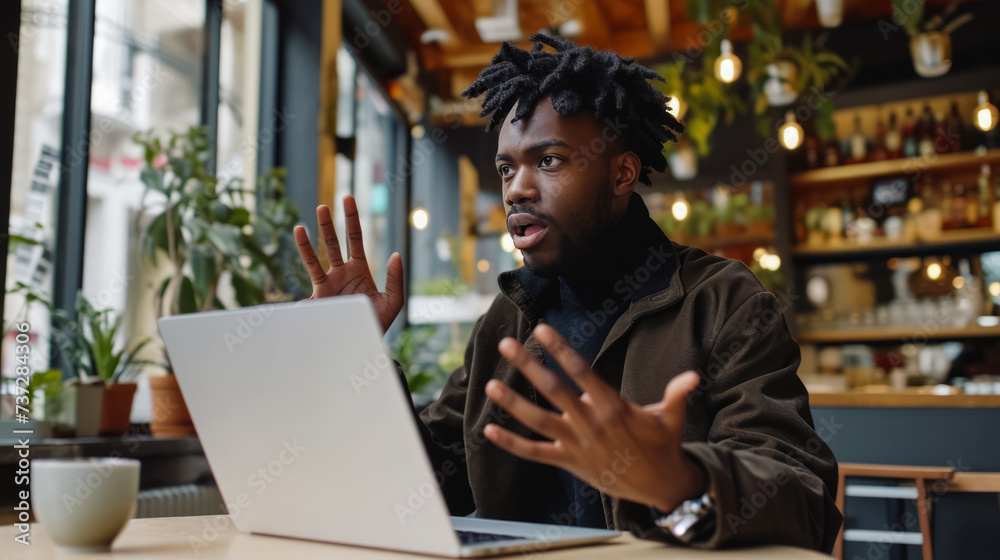 Surprised young man having a lively conversation on a video call in a plant-filled cafe. Generative AI Surprised young man having a lively conversation on a video call in a plant-filled cafe. Generative AI