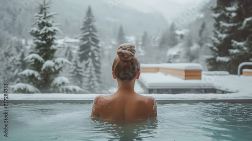 A woman relaxing in an outdoor hot spring or spa pool with snow-covered mountains and trees in the background during winter. Ai generative