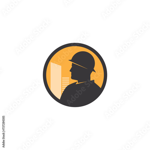 builder construction with helmet in circle shape and yellow grey color