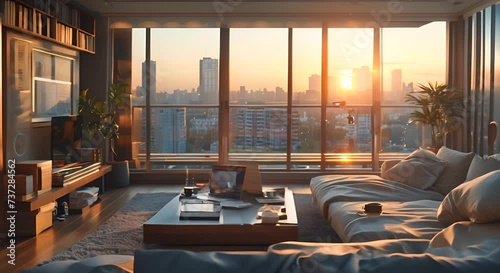 Modern living room with a large window overlooking a cityscape, a coffee table with a laptop open to an online store, freshly delivered packages by the door, morning light filling the space photo