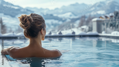 A woman enjoys a hot bath in a pool at a winter mountain retreat, with steam rising around her. Ai generative