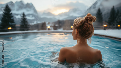 A woman enjoying a hot spa pool with steam rising around her  set against a snowy mountain backdrop during winter or early spring. Ai generative