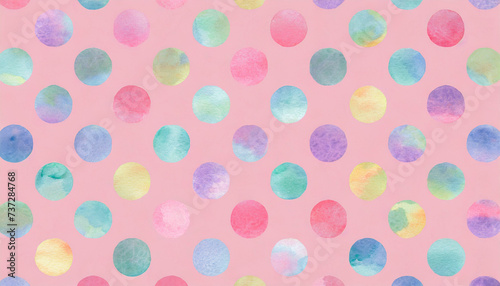 ピンクの背景にカラフルな水玉模様の水彩画風イラスト