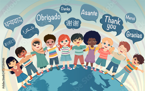 Multicultural children hugging and coming from different nations and continents. Speech bubbles with text -thank you- in various international languages. Communication. Equality