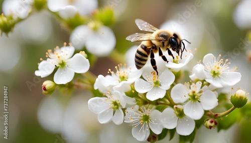 Honey bee polinating blueberry flowers on soft fruit plantation. Insects are a key part in human food production. Detail of a honeybee on white blossom of vaccinium corymbosum.
