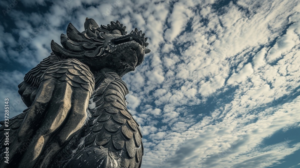 a statue of a dragon with clouds in the background.