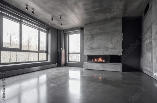 Modern living room interior with fireplace, sofa, table and large windows