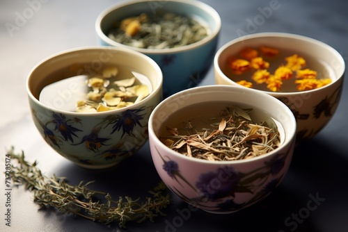 Three cups of herbal tea in delicate porcelain