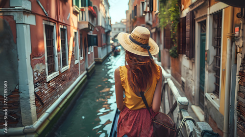 Beautiful tourist young woman walking in Venice city street on summer, Italy, tourism travel holiday vacations concept in Europe © BeautyStock