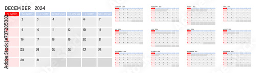 Calendar for 2024. The week starts on Sunday. Set for 12 months.