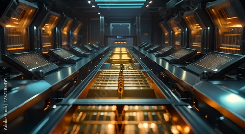 Innovative bank vault scene, gold bars arranged on automated conveyor for inventory, surrounded by touch-screen operated security systems, cool blue and gold lighting creating a futuristic vibe photo