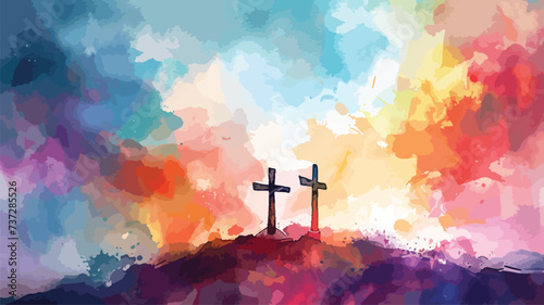 watercolor style art of three crosses on a hill