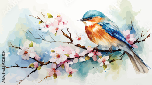 Beautiful bird on flowering branch. Watercolor  © Vector