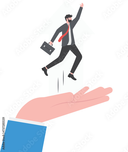 businessman standing on Human hand and pushing the business chart arrows upward, business team growth concept