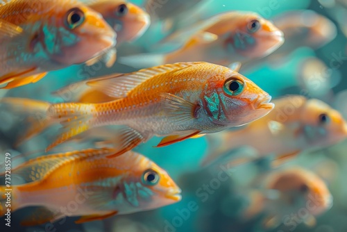 Group of small fish on the bottom of the sea. Sustainable fishing. Care of the oceans. photo
