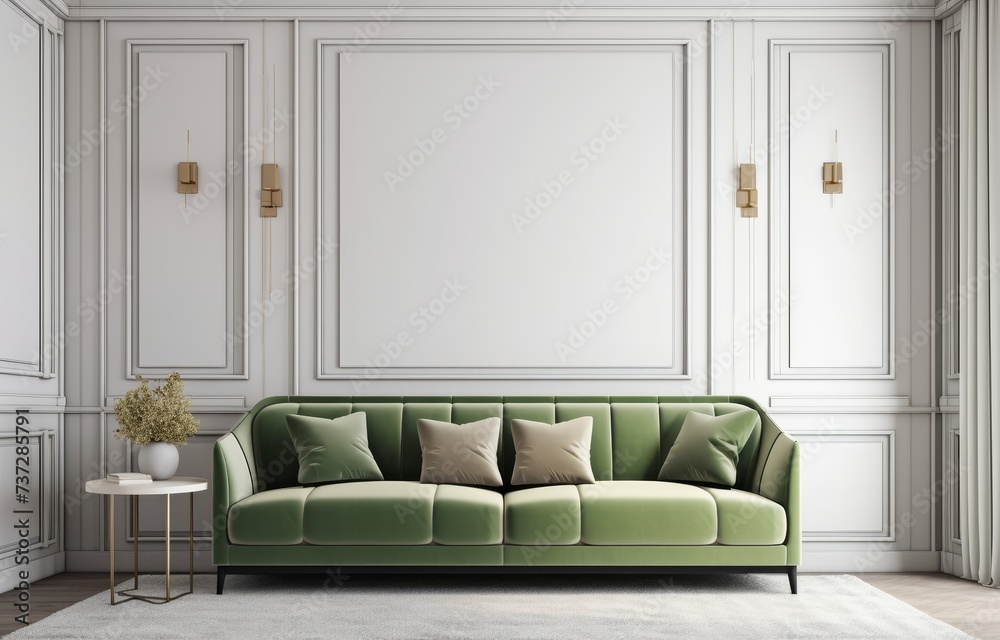 Fototapeta premium Beautiful interior of a modern room. Bright and clean design. A sofa standing by a large window against a wall background
