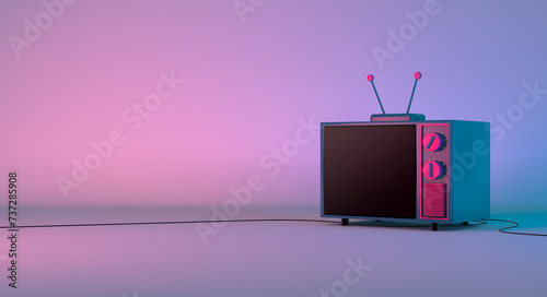 3d rendering, Television cartoon mock up in sideview shot, blank empty space for copy, neon pink and purple lighting background. 
