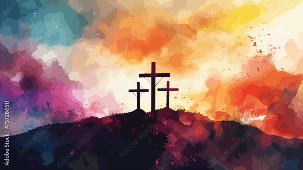 watercolor style art of three crosses on a hill - obrazy, fototapety, plakaty 