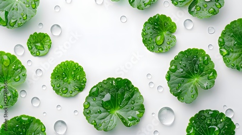 Centella asiatica leaves with rain drop isolated on white background top view. photo