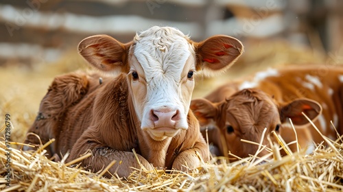 Cow and newborn calf lying in straw at cattle farm. Domestic animals husbandry and reproduction. 