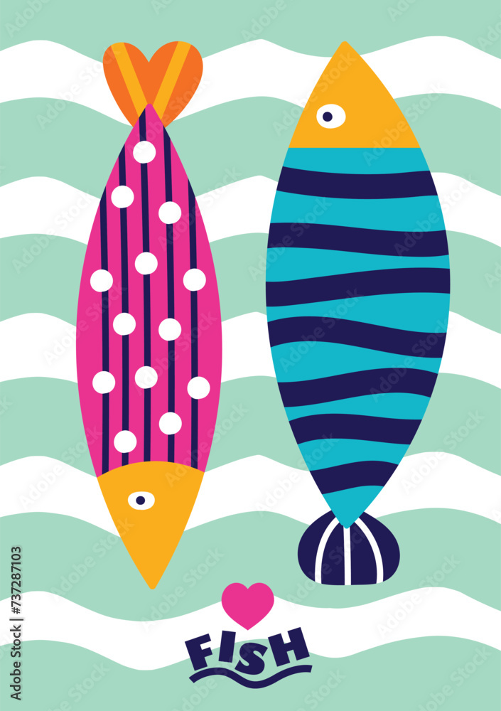 Cute retro colorful cartoon illustration with  fish and hearts . Vector illustration poster.