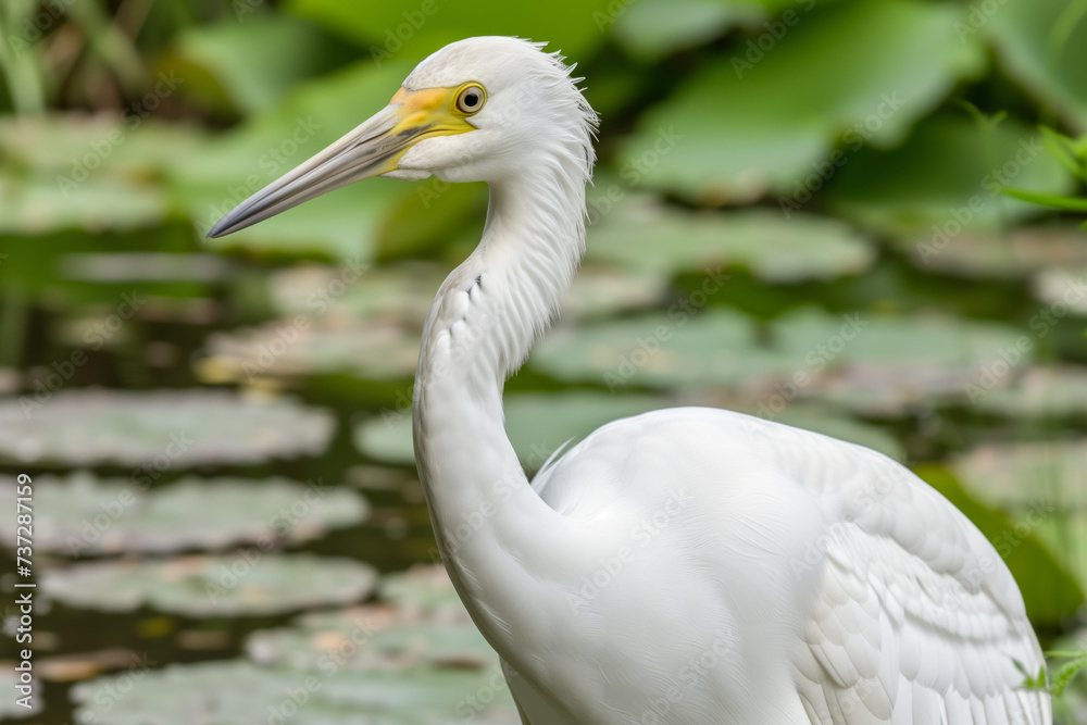 A white egret stands gracefully amidst green lily pads A white egret stands gracefully amidst green lily pads