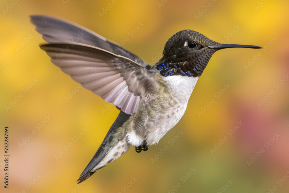 Fototapeta premium A hummingbird hovers mid-flight, its iridescent wings displaying intricate patterns against a blurred backdrop of yellow