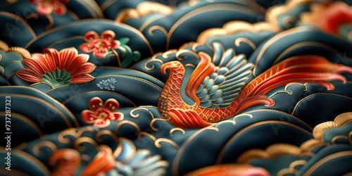 Japanese kimono pattern, close-up view revealing a mesmerizing array of intricate designs.