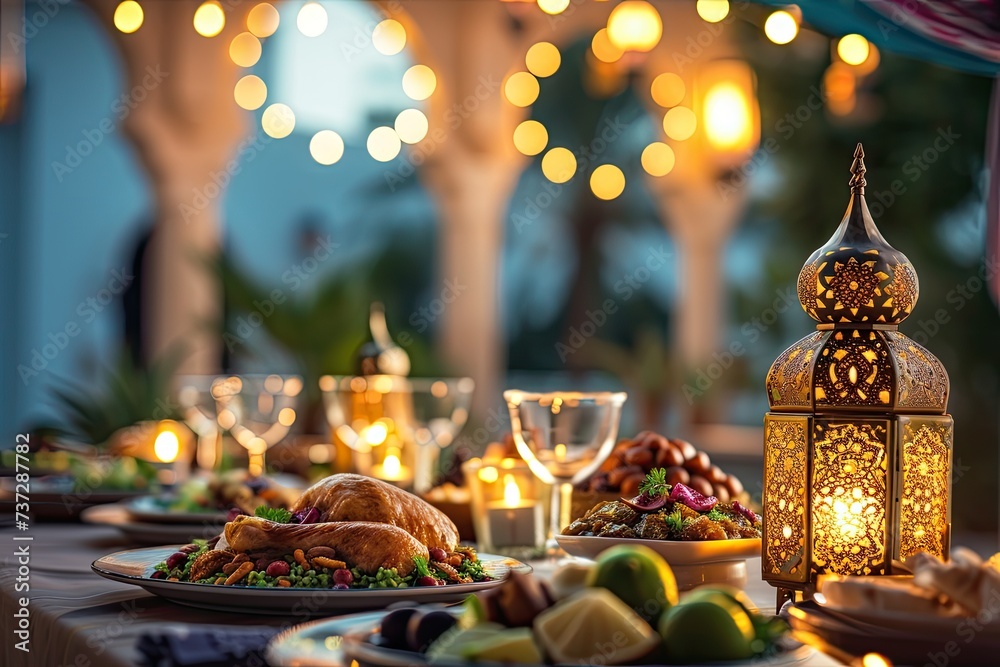Ramadan table decoration with lanterns for breaking the fast for Muslims