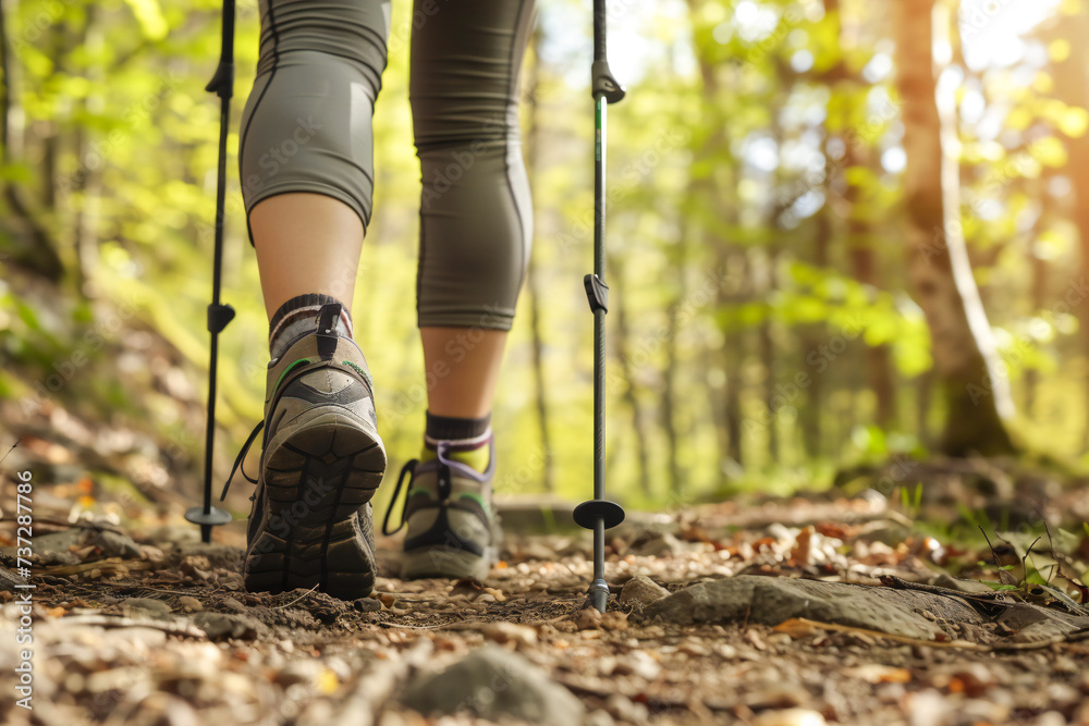 The feet of a woman walking through the woods with a hiking The feet of a woman walking through the woods with a hiking
