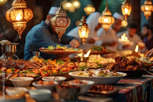 Muslims are breaking their fast together after the Maghrib call to prayer at the dining table under a lantern
