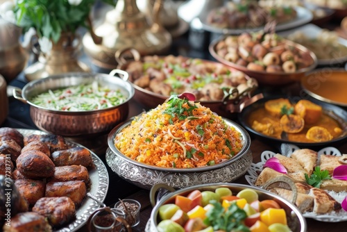 Various Middle Eastern foods on plates on the table for breaking the fast of Muslims in the month of Ramadan
